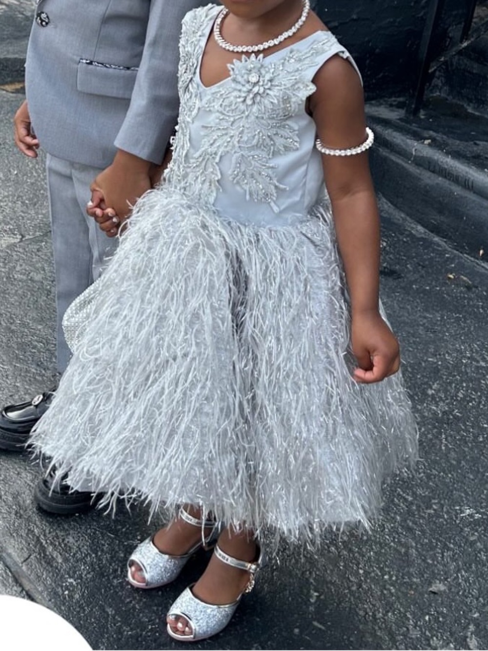 Silver Feathered Flower Appliqué Girl's Dress